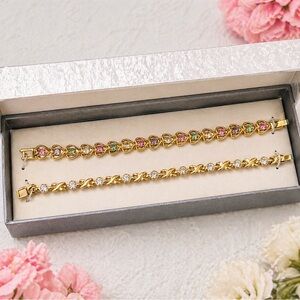 Vintage Deadstock Gold Tone Rhinestone Bracelet Set in Box Korea Y2K Hearts